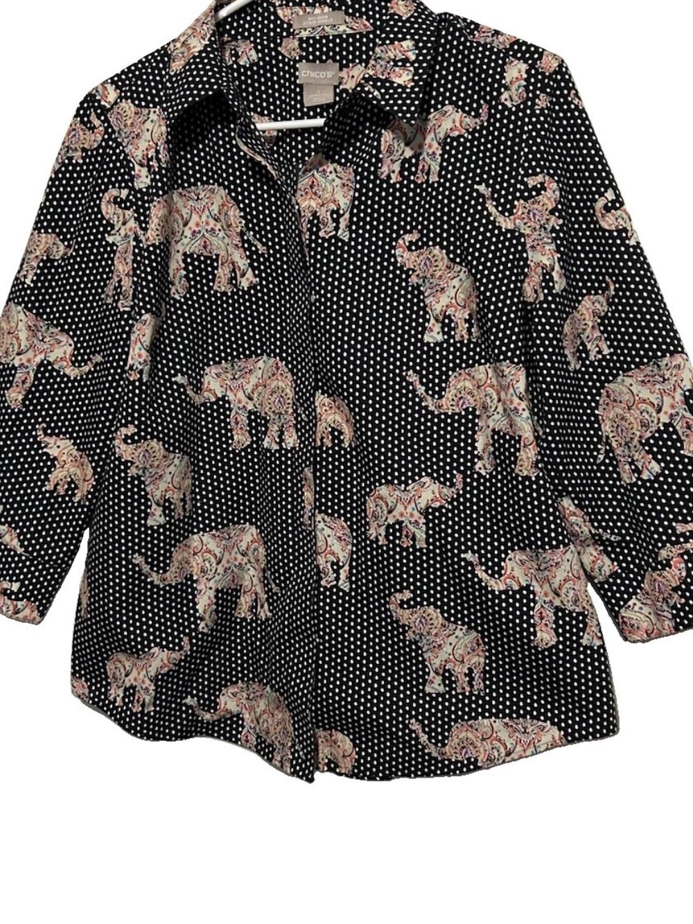 Chico’s Top 1 Black White Polka Dot Elephant Print Cotton Button Up Shirt Blouse